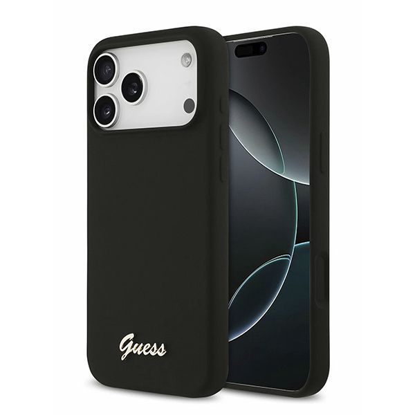 Guess для iPhone 17 Pro Max чехол Liquid silicone Gold metal logo & Camera Hard Black (MagSafe)